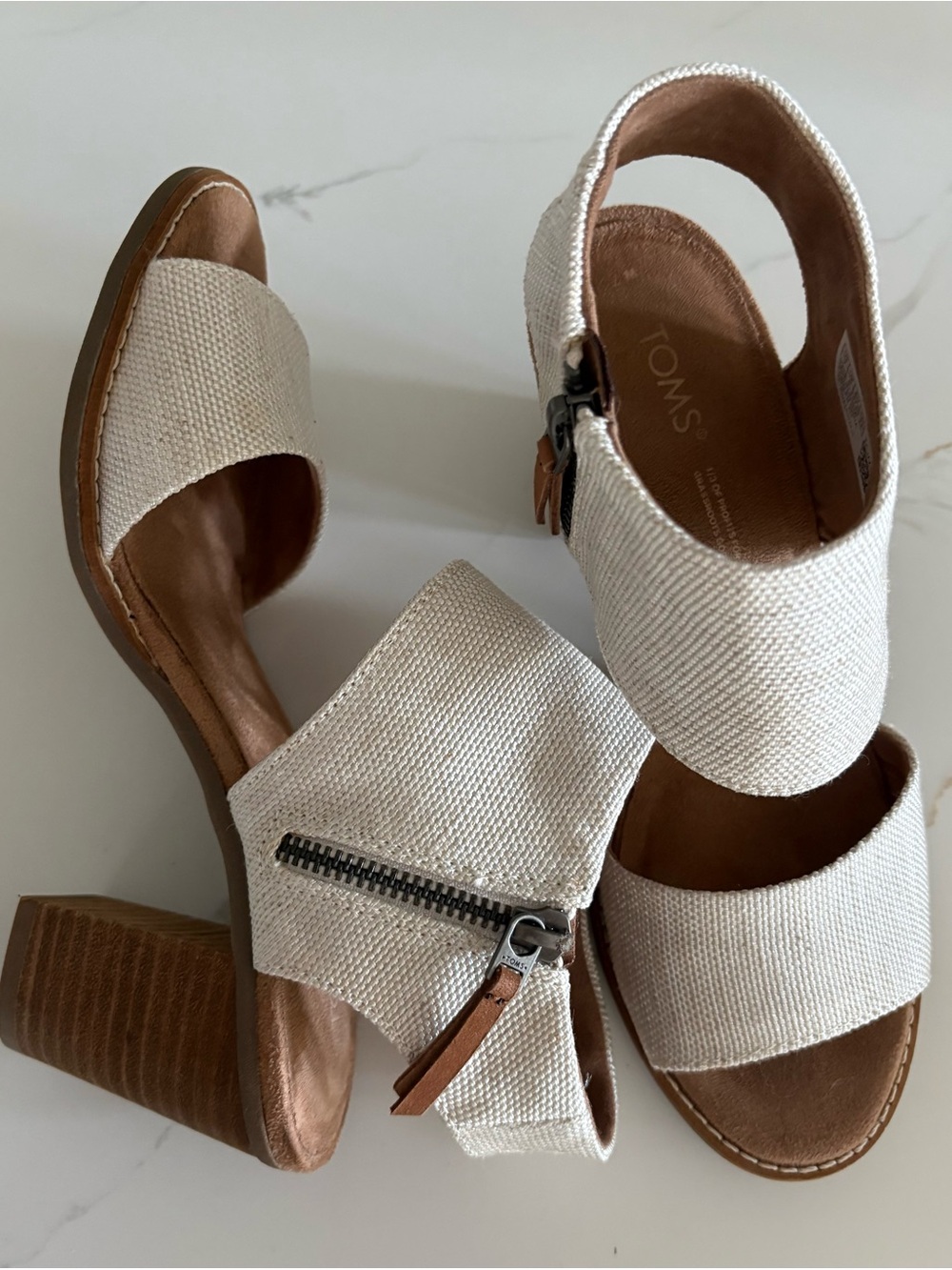 TOMS Majorca Cut Out Sandal Block Heel Natural Ivory Canvas Zip Side Size 7 - Picture 2 of 6